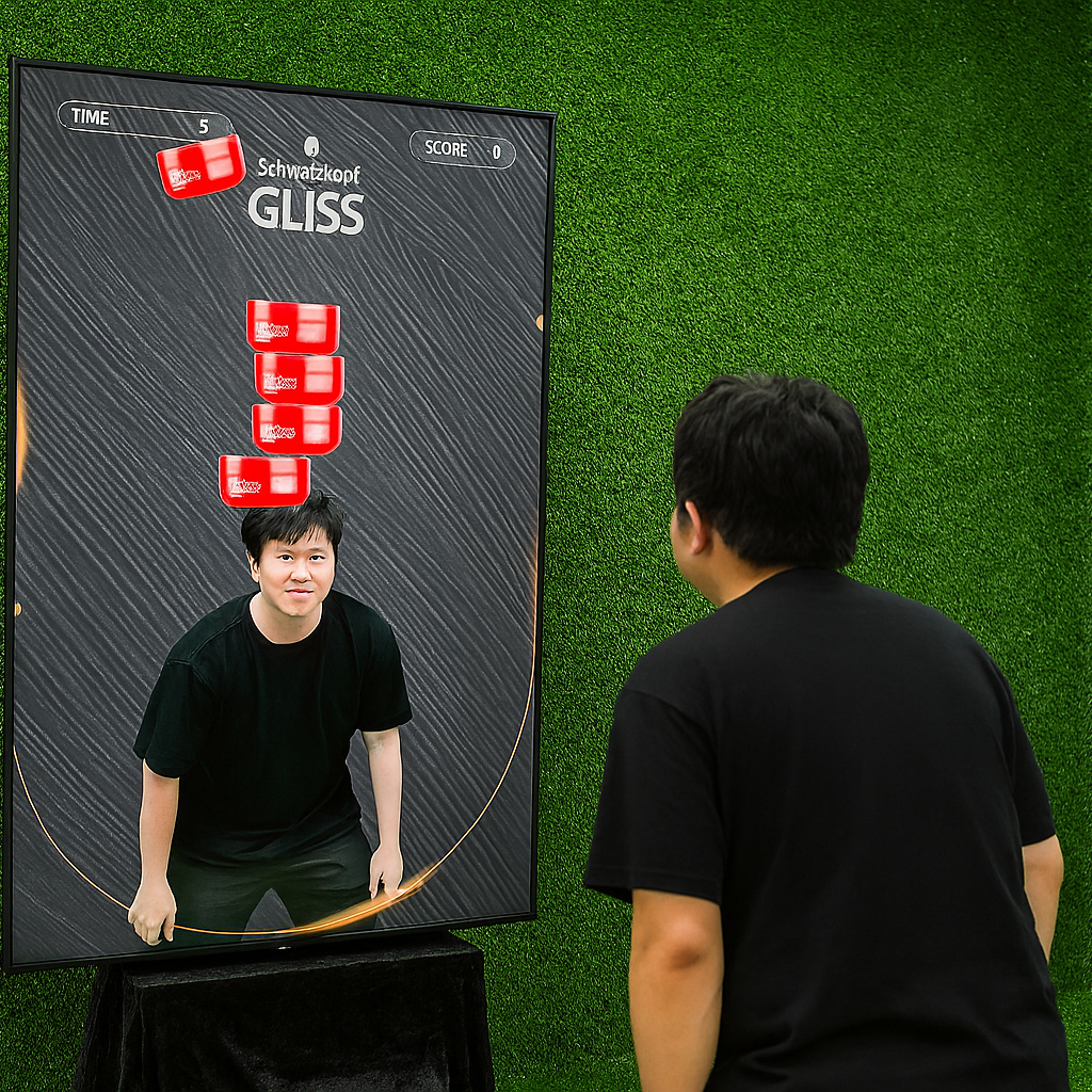 Guest playing interactive balance game using motion sensors to stack virtual items on head at a corporate event or exhibition booth in Dubai – fun and engaging activity.